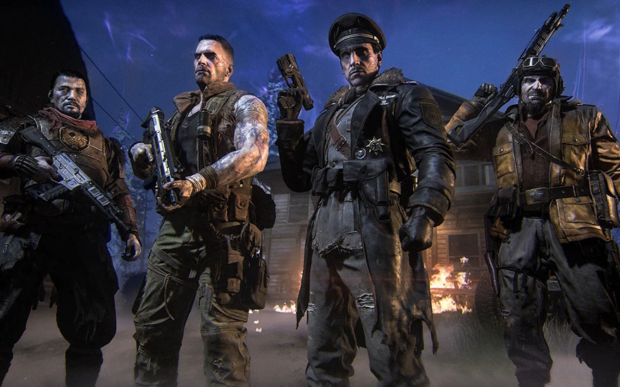 Quatre soldats zombies militaires en tenue de combat posent dramatiquement contre ciel sombre, armes prêtes, atmosphère intense avec flammes 