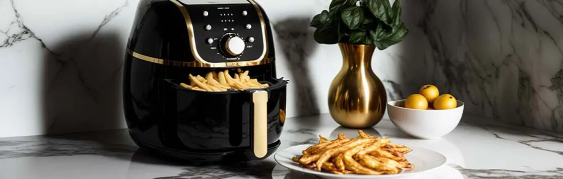 Black air fryer with fries next to a gold vase, lemons in a white bowl, and fries on a plate, all on marble.