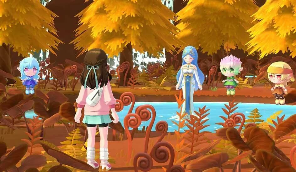 A girl stands by a river in a golden forest, surrounded by floating colourful fairies who appear to welcome her kindly
