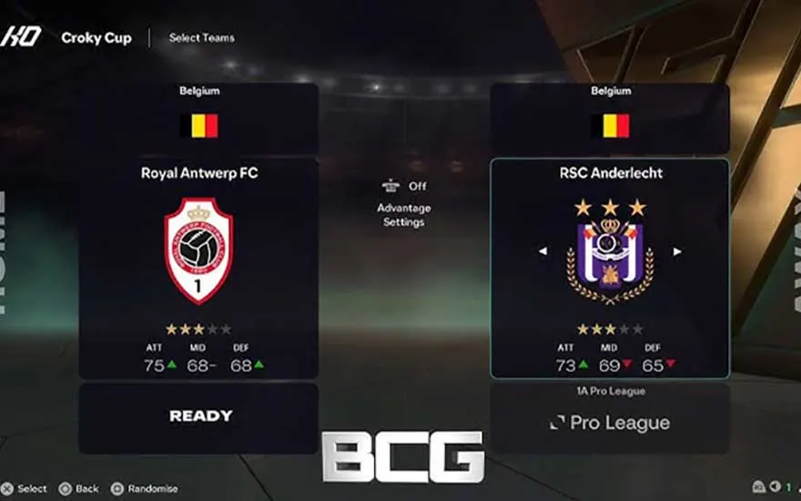 Le menu de sélection affiche le Royal Antwerp FC face au RSC Anderlecht, prêts pour un match de Pro League belge.