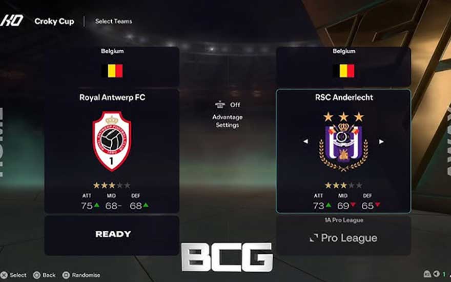 Het keuzemenu toont Royal Antwerp FC tegenover RSC Anderlecht, klaar voor een wedstrijd in de Belgische Pro League.