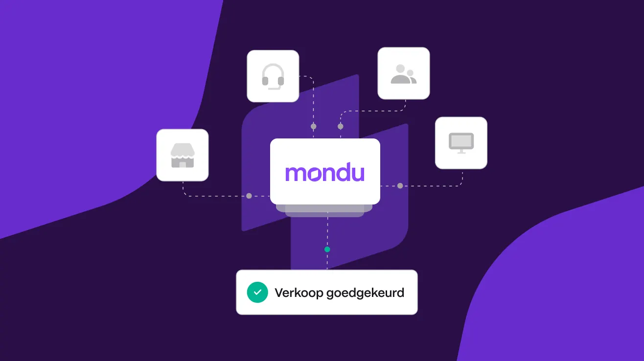 Paarse achtergrond met witte logo's van een winkel, headset, personen en computer. 'Mondü' en 'Verkoop goedgekeurd' in witte vlakken.