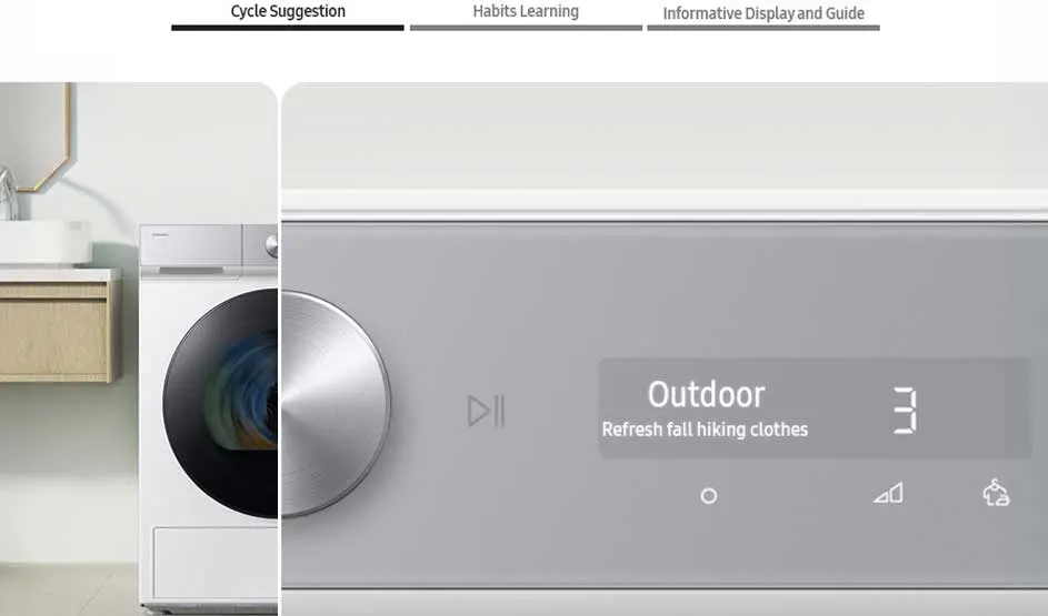 Gros plan de l’écran d’un lave-linge: “Outdoor” et “Refresh fall hiking clothes”; à gauche, une partie de l’appareil dans une buanderie claire.