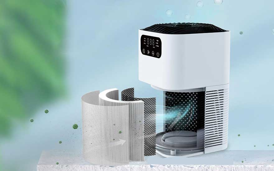 Illustration de trois étages de filtration avec icônes : pré filtre, filtre HEPA NanoProtect et charbon actif contre les particules fines.