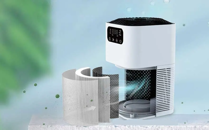 Illustration de trois étages de filtration avec icônes : pré filtre, filtre HEPA NanoProtect et charbon actif contre les particules fines.