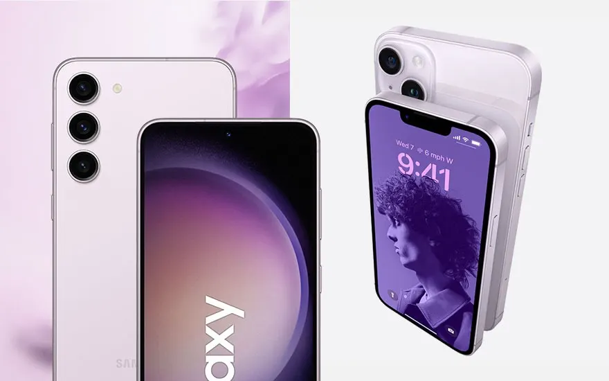 Deux smartphones blancs sur fond blanc, l'un montrant l'écran avec un fond violet.