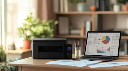 Bureau en bois avec imprimante noire, ordinateur portable affichant des graphiques, pot à crayons et documents. Étagère en arrière-plan.