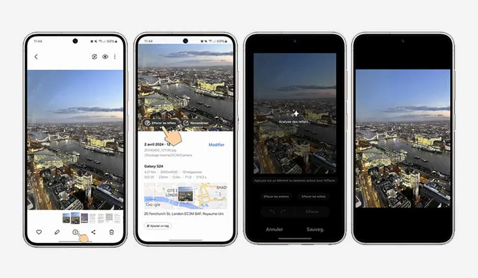 Quatre téléphones affichent une vue de la ville et l'édition de photos dans une application.
