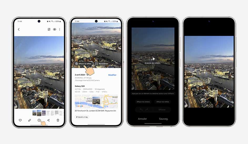 Vier telefoons tonen een stadsgezicht met een rivier onder een blauwe lucht. De schermen tonen bewerkingsopties en metadata.