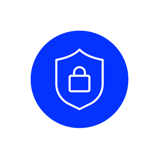 Un cercle bleu avec un bouclier blanc contenant un cadenas blanc au centre, sur un fond blanc.