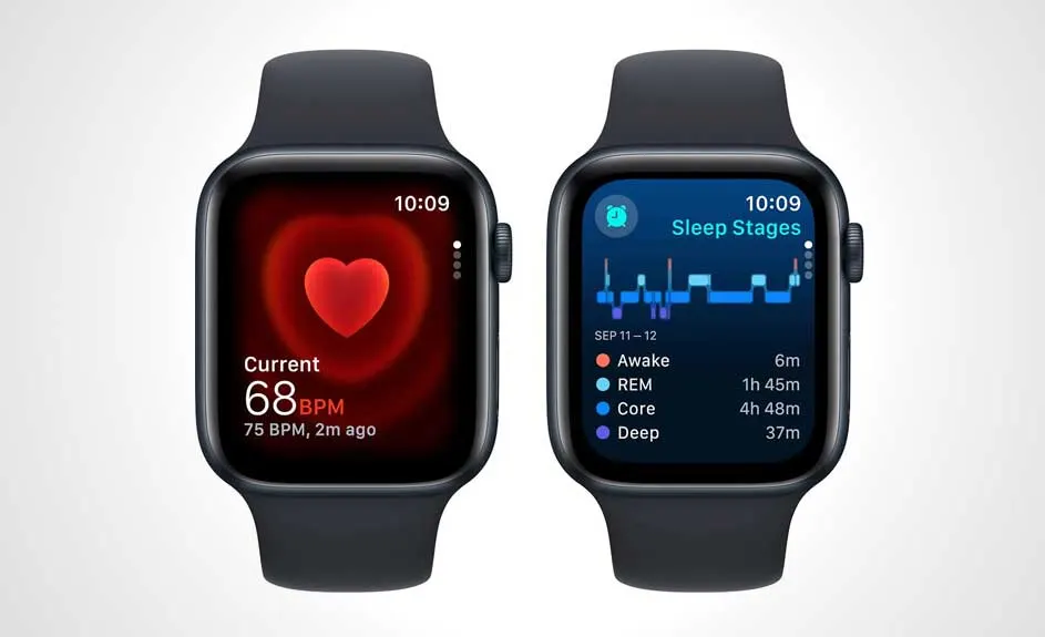 Deux montres intelligentes affichent des données : fréquence cardiaque et phases de sommeil, sur fond blanc.