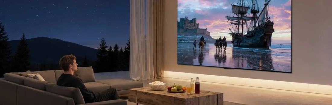 Een man kijkt in een moderne woonkamer naar een grote tv met een historisch schip op het strand bij een kleurrijke avondlucht.