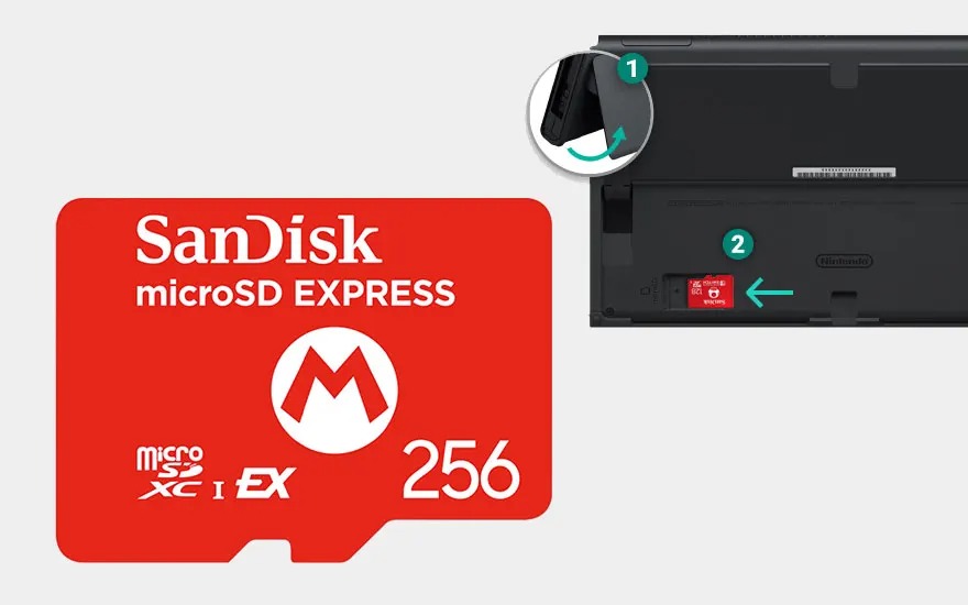 Een SanDisk microSD EXPRESS-kaart van 256 GB wordt in een Nintendo Switch geplaatst voor extra opslagruimte.