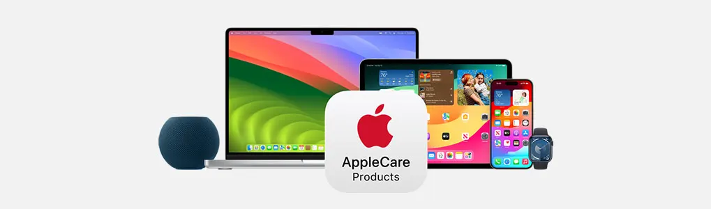 Un ordinateur portable, une tablette, un téléphone, une montre, un haut-parleur et le logo AppleCare sur fond blanc.