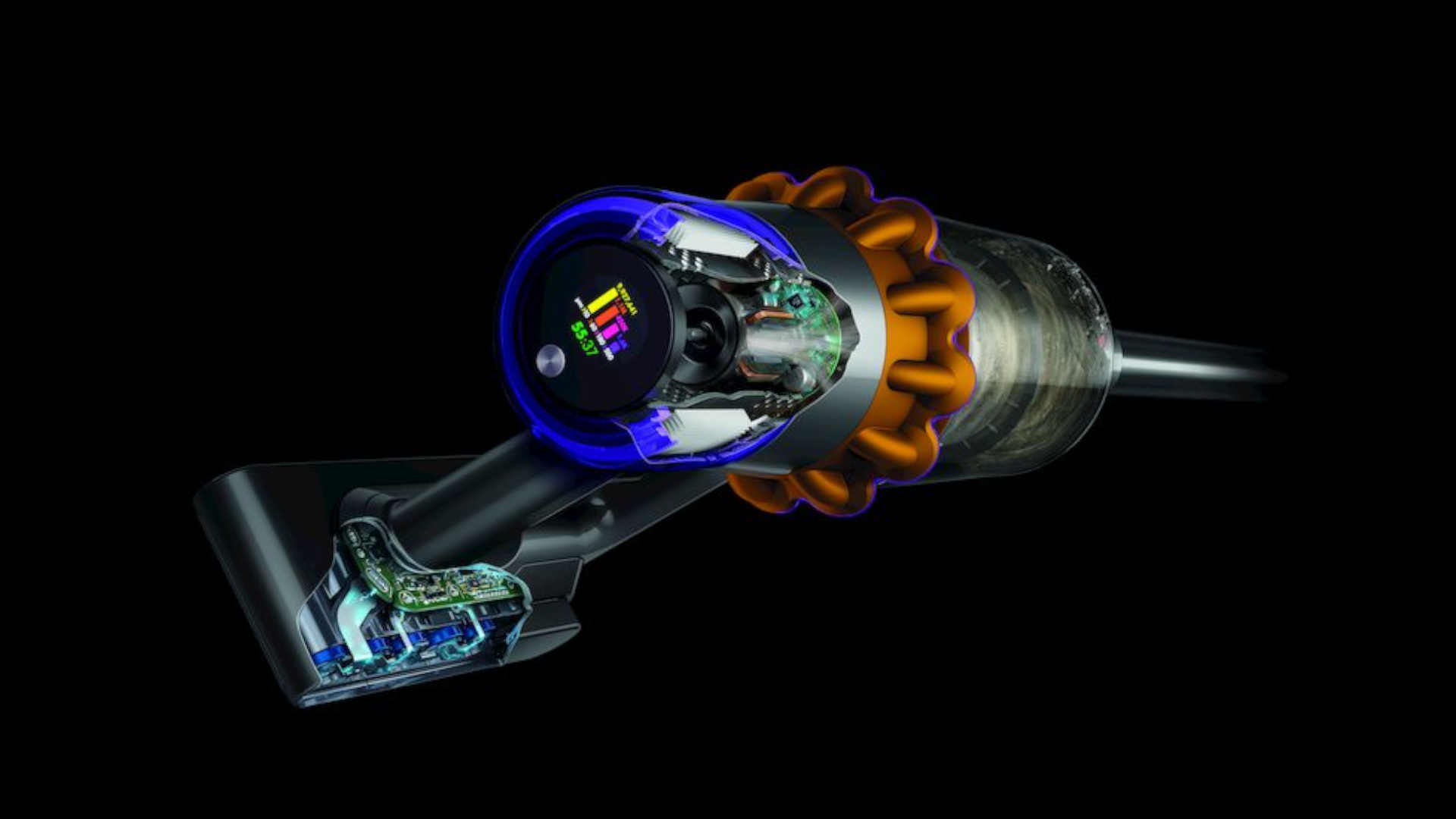 Vue en coupe d'un aspirateur sans fil. L'écran affiche des données. Des composants internes sont visibles. Fond noir.