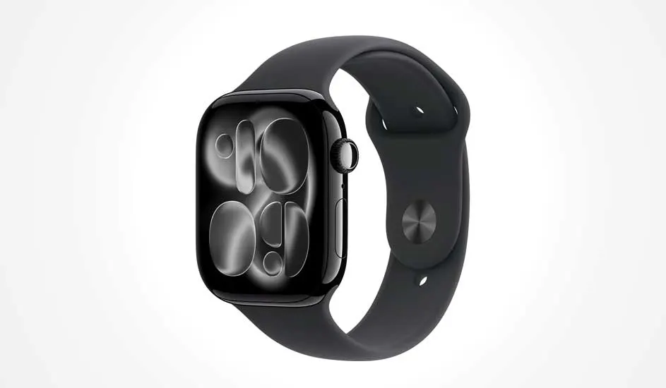 Een rechthoekige zwarte Apple smartwatch met zwart bandje toont een abstract patroon in grijstinten op het scherm.