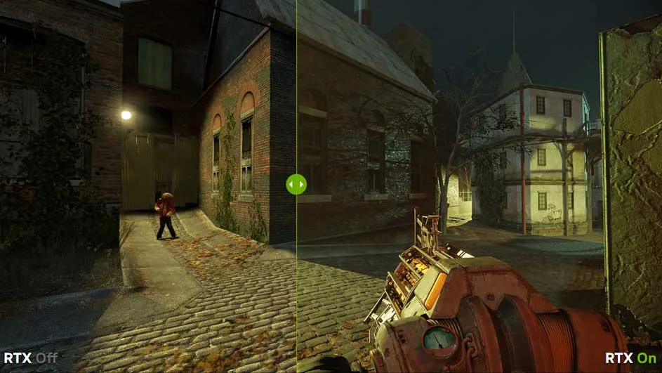 Image divisée verticalement, "RTX désactivé" et "RTX activé", montrant une rue pavée bordée de bâtiments en briques et un appareil.