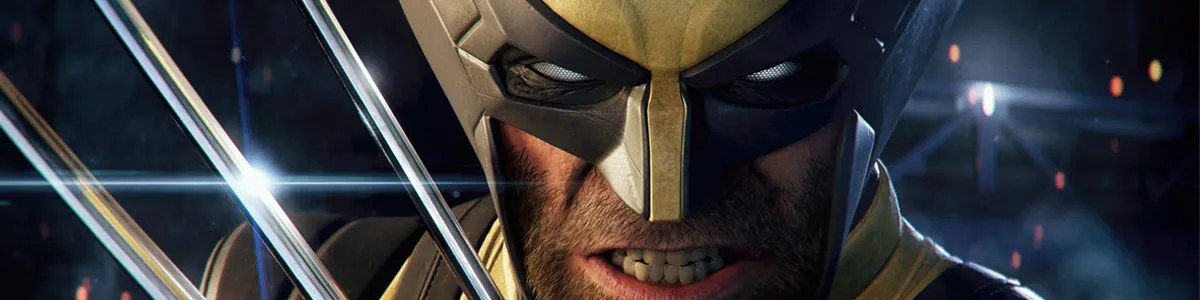 Een intense illustratie van Wolverine: zichtbare kaakbeharing, glanzende stalen klauwen, geel-zwart masker, strakke rimpels en woeste, gefixeerde blik.