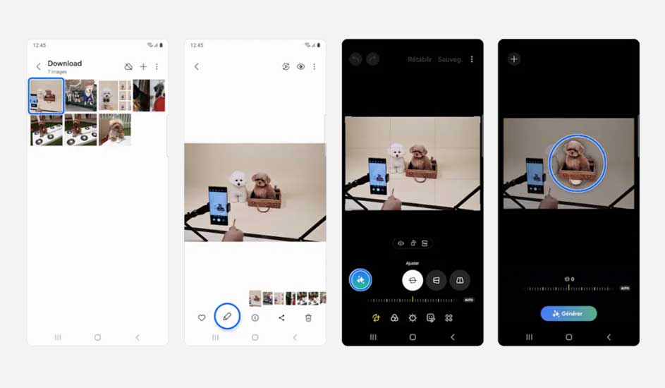 Vier schermen van een telefoon die een foto bewerkt. Speelgoedhonden in een doos, gefotografeerd met een andere telefoon.