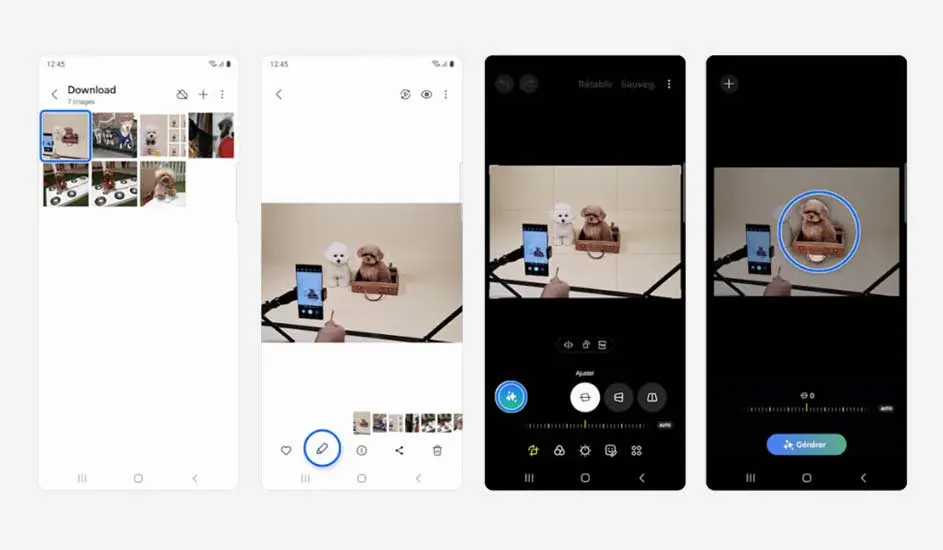 Vier schermen van een telefoon die een foto bewerkt. Speelgoedhonden in een doos, gefotografeerd met een andere telefoon.