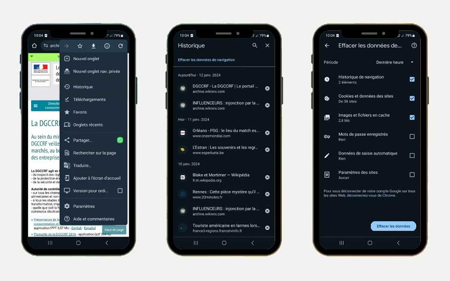 Trois écrans de smartphone affichent des menus de navigation web en noir et blanc. Ils présentent l'historique et les paramètres.