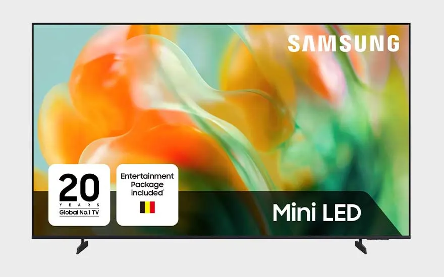 Een Samsung Mini LED-tv toont een kleurrijk abstract beeld, met promotieteksten, dunne randen en een strak modern ontwerp.