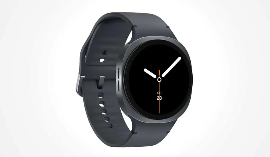 Een ronde zwarte smartwatch met zwart bandje toont analoge wijzers, een oranje secondewijzer, datum en dag op een zwart scherm.