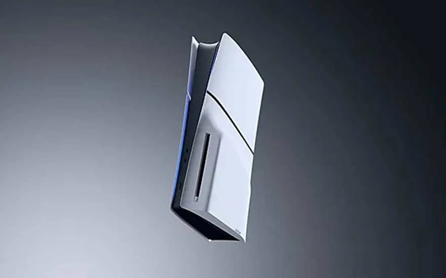 The PlayStation 5 console is floating against a dark background, its sleek and futuristic design clearly visible.