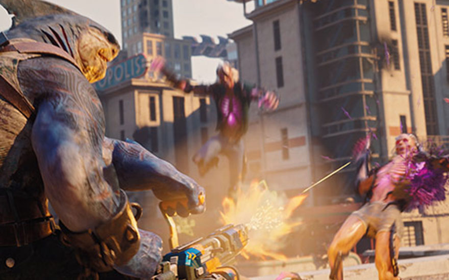 Dans un paysage urbain chaotique, un personnage tire avec une arme, entouré d'explosions et de bâtiments délabrés.