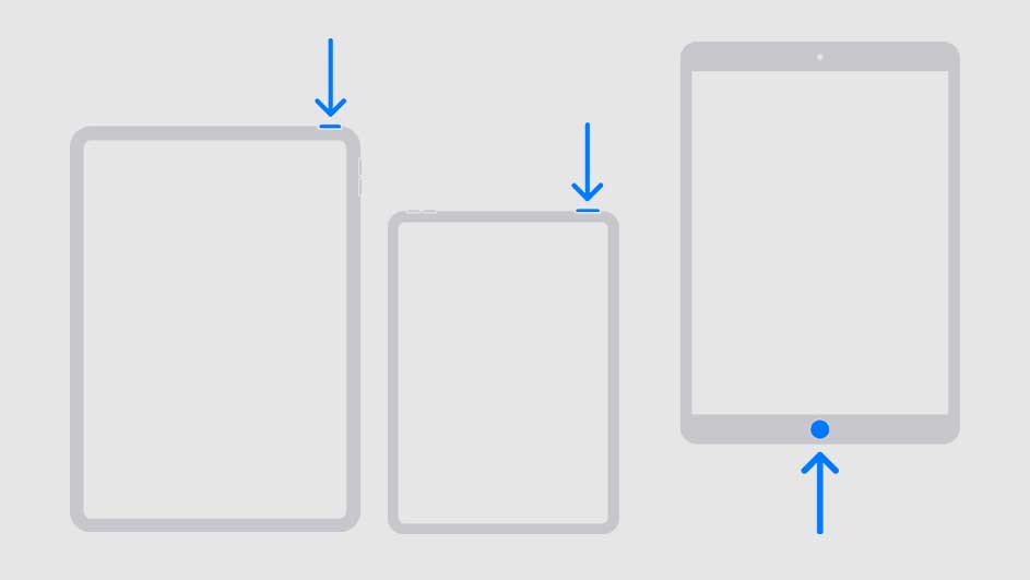 Trois tablettes grises avec des flèches bleues pointant vers des boutons ou capteurs sur fond blanc.