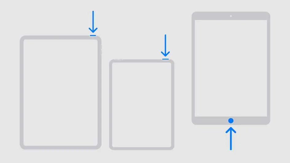 Trois tablettes grises avec des flèches bleues pointant vers des boutons ou capteurs sur fond blanc.