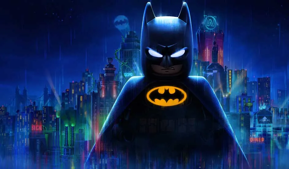 LEGO Batman apparaît au centre, mis en lumière, sur fond de ville colorée illuminée et sous la pluie.