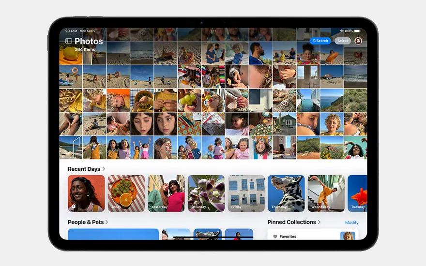 Photos application displaying extensive gallery with recent days. Organised collections of people, pets and pinned albums for easy browsing.