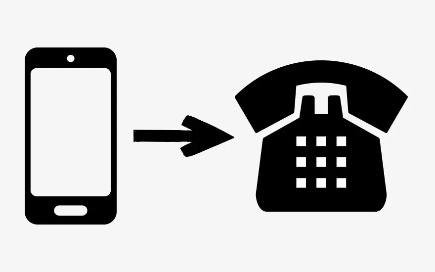 Icône noire d'un smartphone pointant vers une icône noire d'un téléphone fixe sur fond blanc.