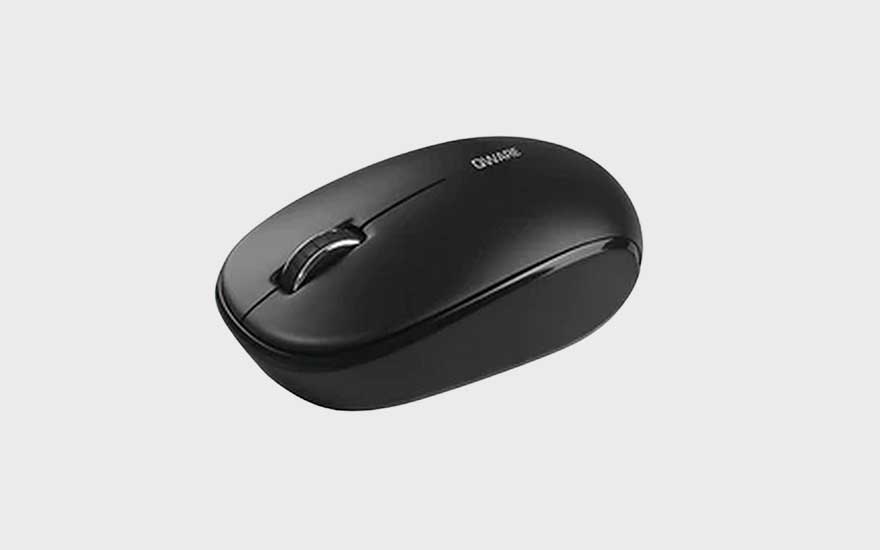 A compact, black wireless mouse with a simple, rounded design and two buttons, placed on a plain light grey background.