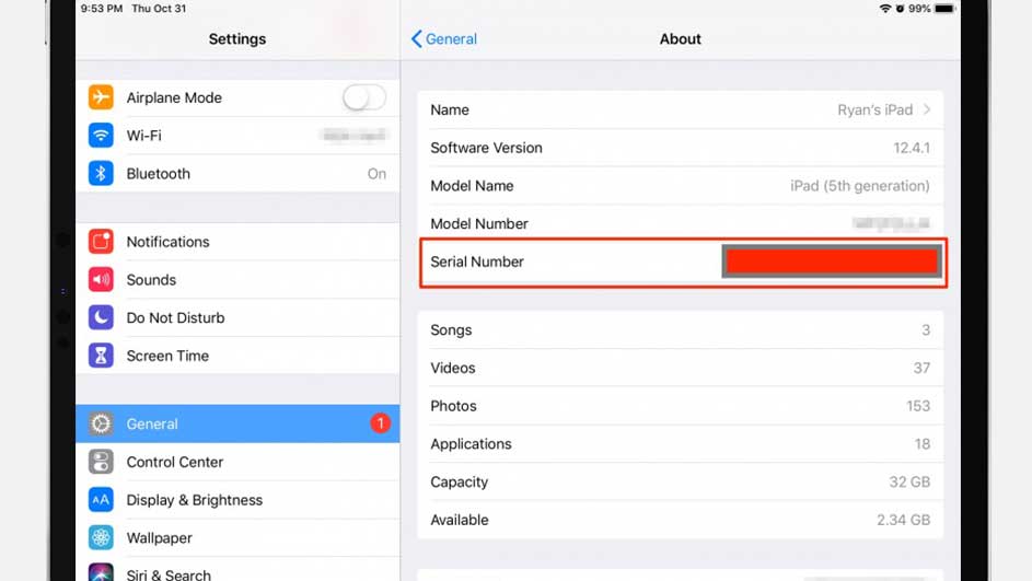 Capture d'écran d'un iPad affichant les paramètres "À propos". "Numéro de série" est en surbrillance en rouge.