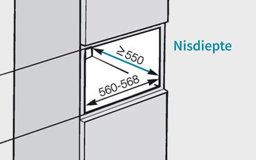 Een schematische tekening toont afmetingen (560-568, groter dan of gelijk aan 550) in een grijze installatie-indeling. De tekst "Nisdiepte" staat rechts.