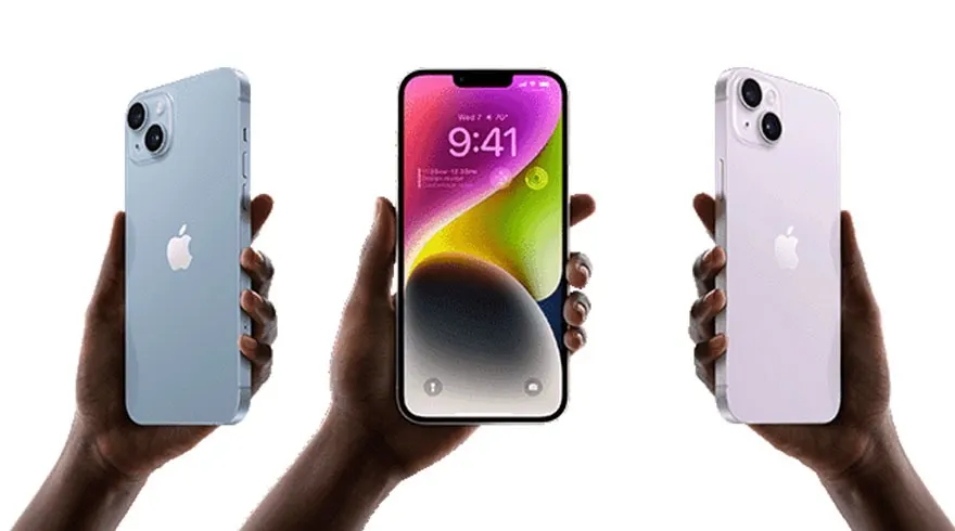 Drie handen houden iPhones vast tegen een witte achtergrond. De schermen tonen diverse kleuren en de tijd is 9:41.