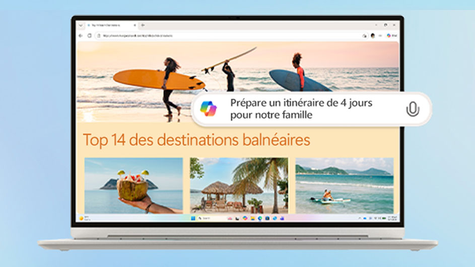 Ordinateur portable affichant un site de voyage sur les destinations de plage et une barre de recherche Copilot avec icône de micro.