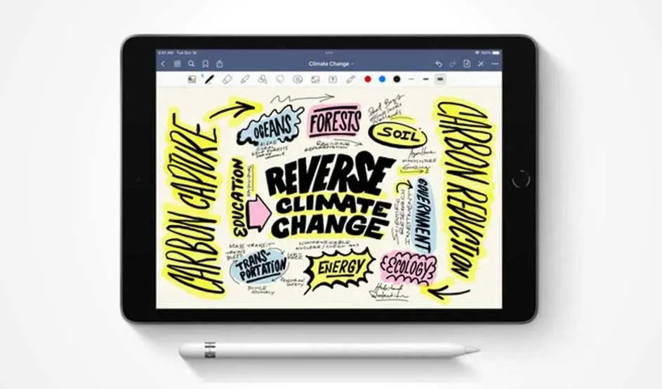 Tablette affichant un schéma sur le changement climatique, avec un stylet blanc en bas.