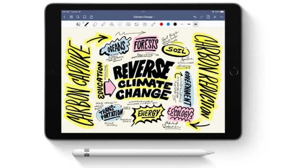Tablette affichant un schéma sur le changement climatique, avec un stylet blanc en bas.