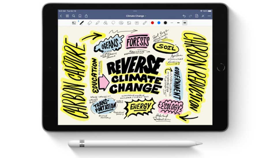 Zwarte tablet toont een schets over het omkeren van klimaatverandering, met een witte styluspen onderaan.