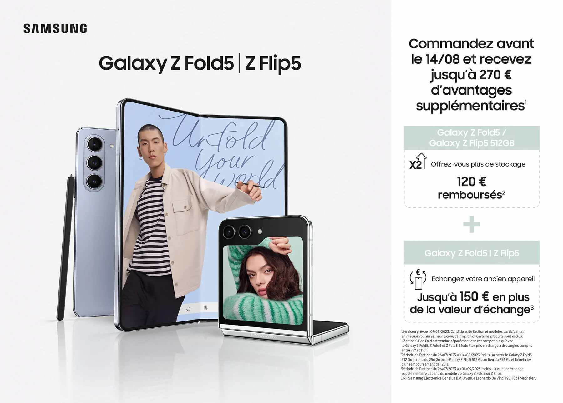 Trois téléphones Samsung sur un fond blanc. Un Z Fold5 gris ouvert, un Z Flip5 noir plié et un stylet noir.