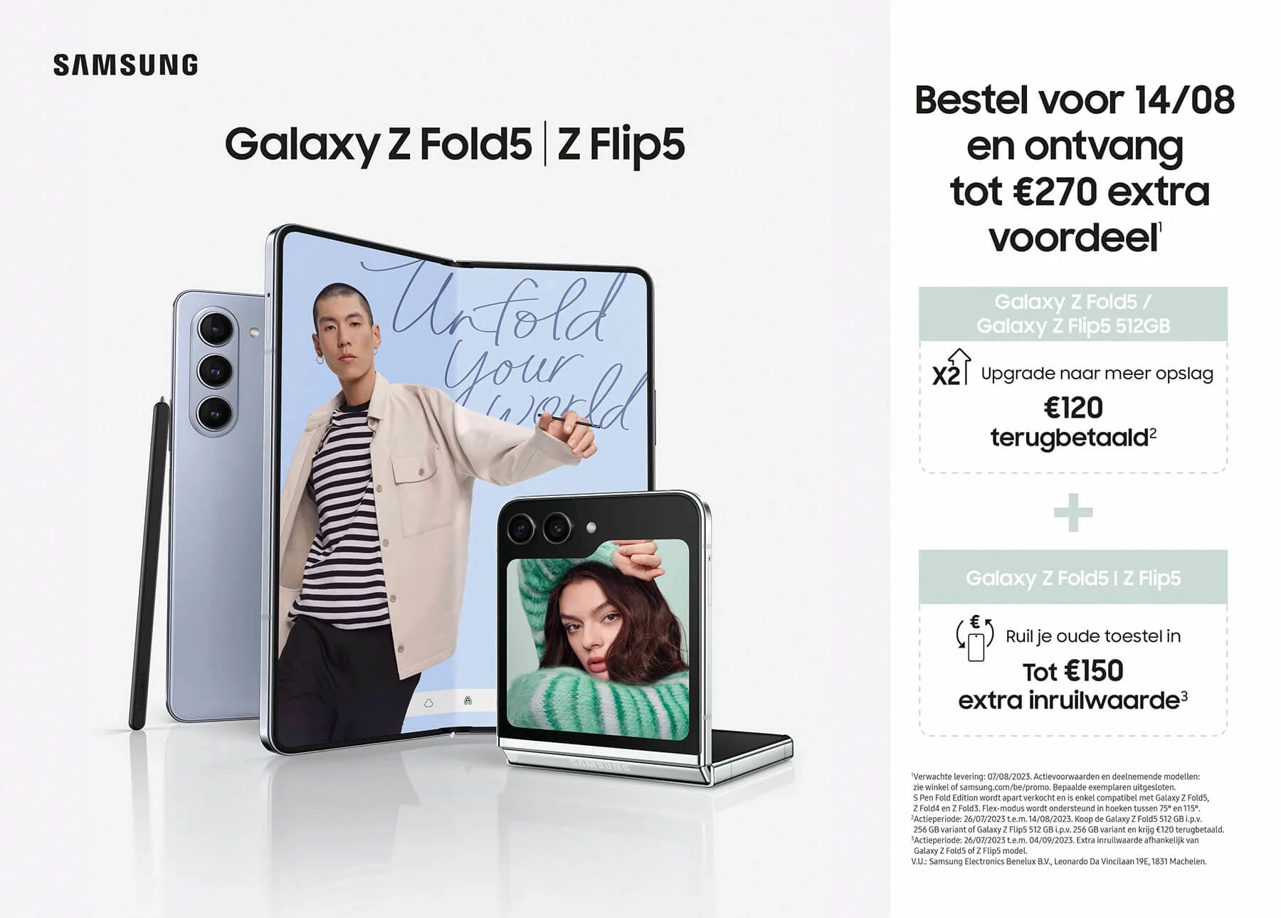 Samsung Galaxy Z Fold5 en Z Flip5, met een stylus, staan op een witte ondergrond. Promotie voor extra voordeel bij aankoop.