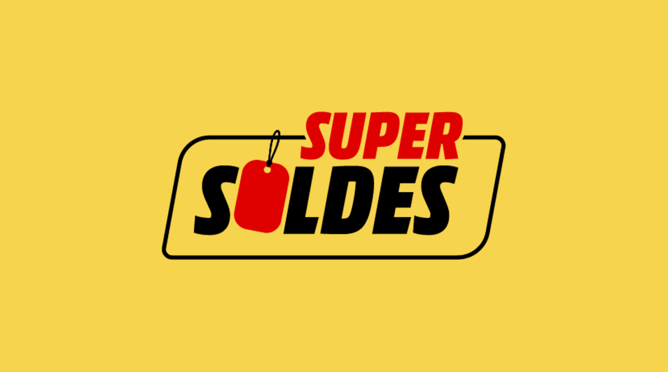 Texte sur fond jaune avec "SUPER SOLDES" en rouge et noir, et une étiquette rouge.