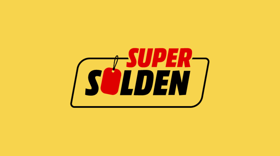 Logo met "Super Solden" in zwarte letters met een rode prijskaart, op een gele achtergrond.