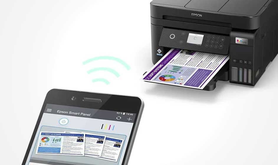 Un smartphone et une imprimante noire communiquent sans fil, imprimant un document.