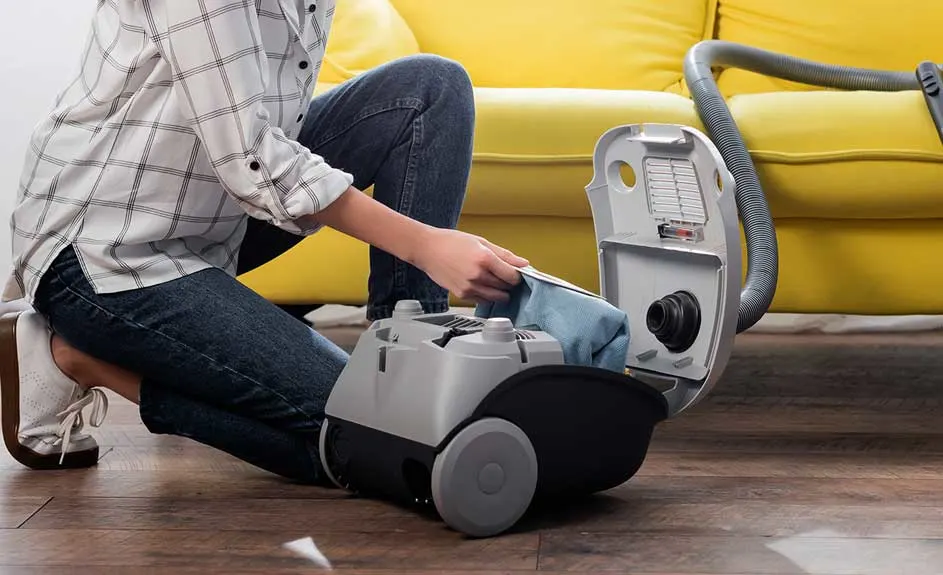 Une personne change le sac d'un aspirateur gris et noir sur un plancher en bois. Un divan jaune est visible en arrière-plan.