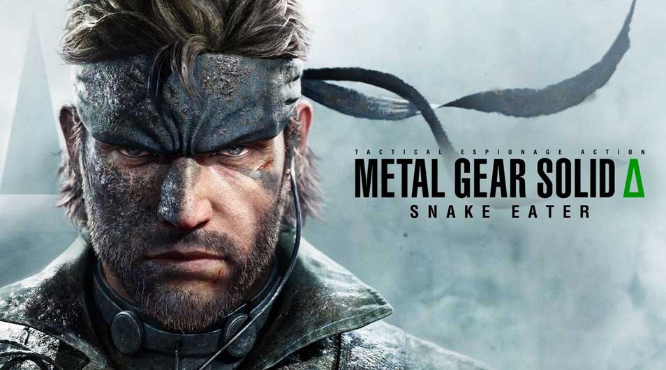 Logo Metal Gear Solid avec soldat tatoué en gros plan, regard intense et arrière-plan de camouflage militaire.