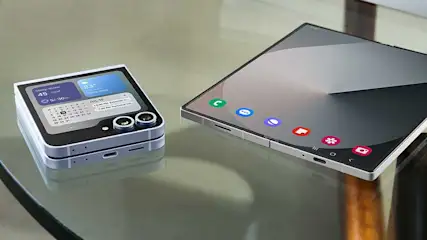 Deux smartphones argentés sont posés sur une table en verre. L'un est plié, affichant des informations.